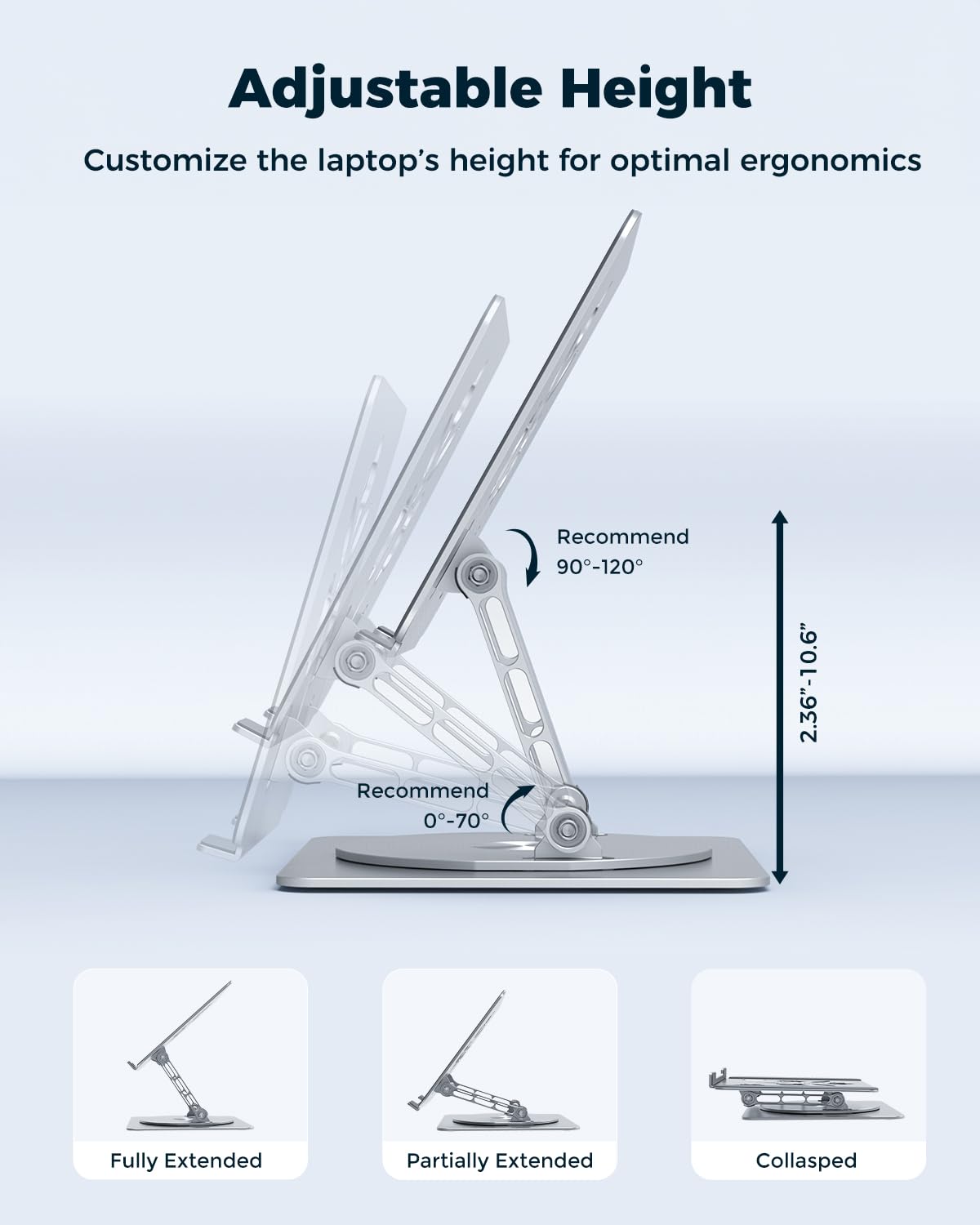 Adjustable Height  
Customize the laptop's height for optimal ergonomics  

Recommend 90-120°  
Recommend 0-70°  

2.36"-10.6"  

Fully Extended  
Partially Extended  
Collapsed