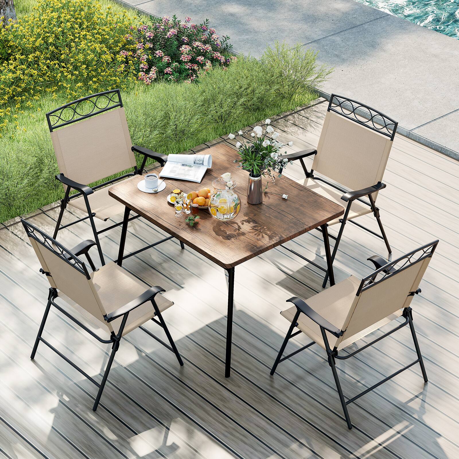Alt View 1. SlickBlue - Set of 4 Patio Folding Chairs Set Dining Chairs with Armrests-Beige - Beige.
