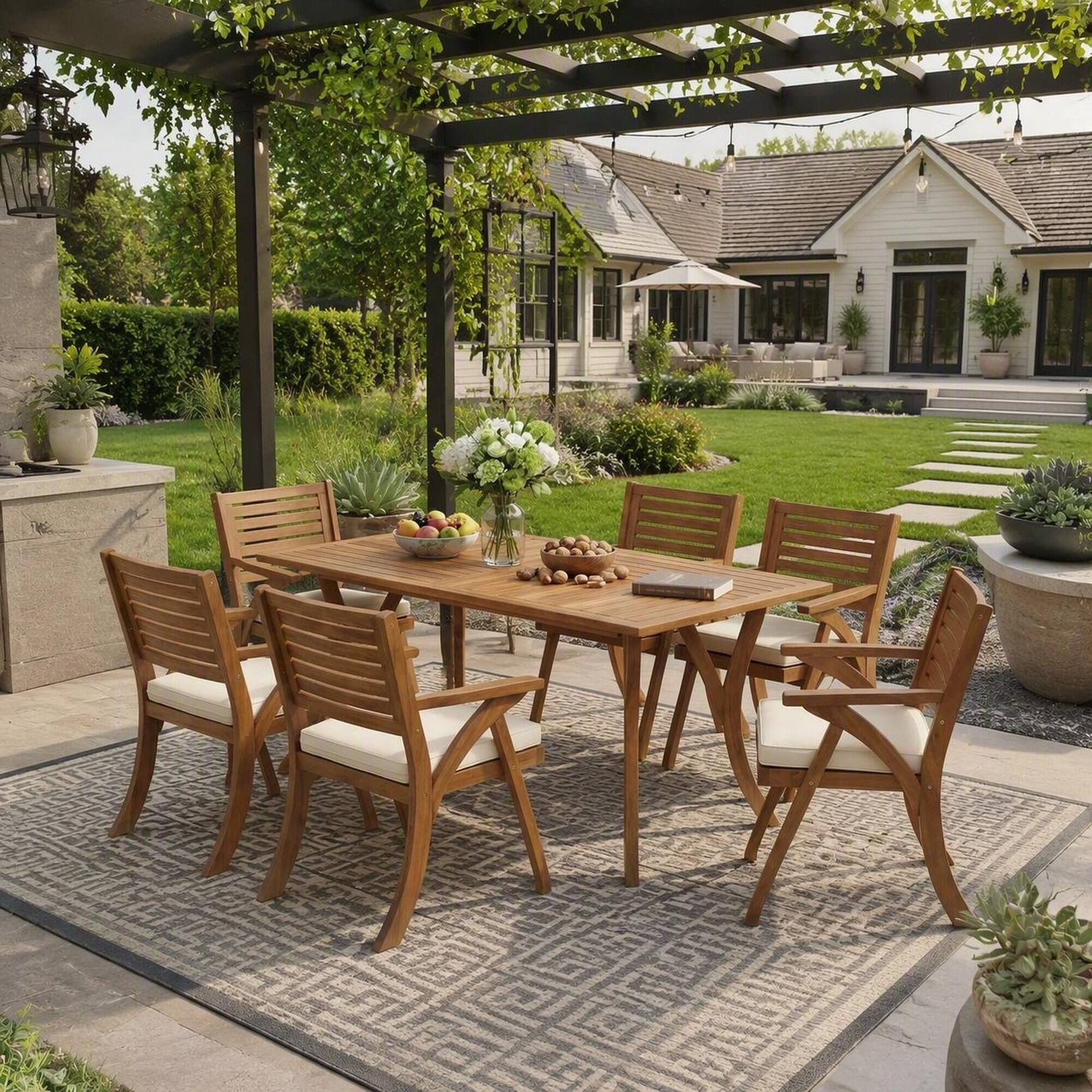 Back. RYHNUYNE - 7‑Piece Outdoor Teak Finish Wood Dining Set,Patio Furniture Dining Set with Rectangular Table & 6 Arm Chairs - Cream,Teak.