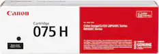 Canon
Cartridge 075 H
Black / Noir
Negro / Preto
For: Pour: Para:
Color imageCLASS LBP640C Series
MF660C Series
For optimum print quality, we recommend using genuine Canon toner cartridges.
Pour une qualité d'impression optimale, nous recommandons d'utiliser des cartouches toner Canon authentiques.
Para una calidad de impresión óptima, le recomendamos utilizar cartuchos de toner Canon genuinos.
Para uma melhor qualidade de impressão, recomendamos que se utilizem cartuchos de toner Canon genuinos.
High Capacity
CANON
GENUINE
TONER & CARTRIDGE
& PARTS