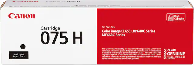Canon
Cartridge 075 H
Black / Noir
Negro / Preto
For: Pour: Para:
Color imageCLASS LBP640C Series
MF660C Series
For optimum print quality, we recommend using genuine Canon toner cartridges.
Pour une qualité d'impression optimale, nous recommandons d'utiliser des cartouches toner Canon authentiques.
Para una calidad de impresión óptima, le recomendamos utilizar cartuchos de toner Canon genuinos.
Para uma melhor qualidade de impressão, recomendamos que se utilizem cartuchos de toner Canon genuinos.
High Capacity
CANON
GENUINE
TONER & CARTRIDGE
& PARTS