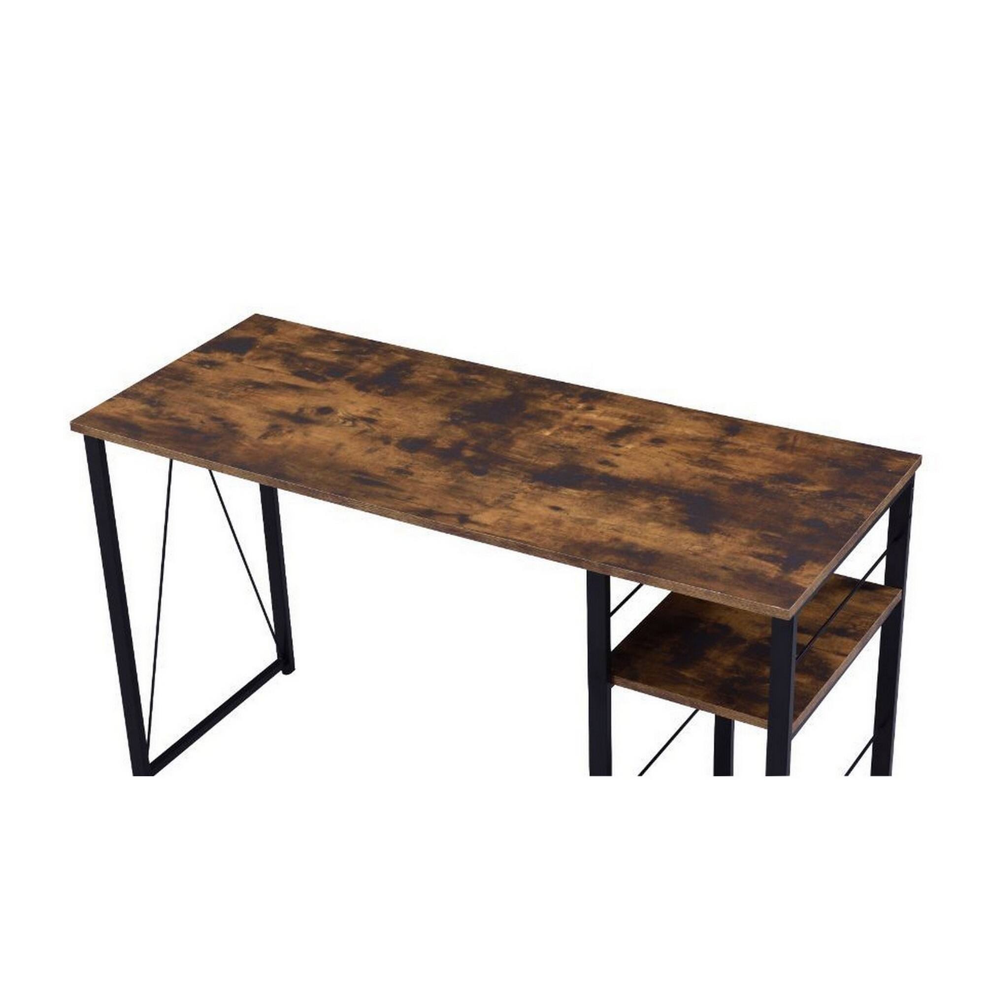 Left. Manhattan Lane - Writing Desk with 2 Tier Shelves and Tubular Metal Legs, Brown and Black - Brown and Black.