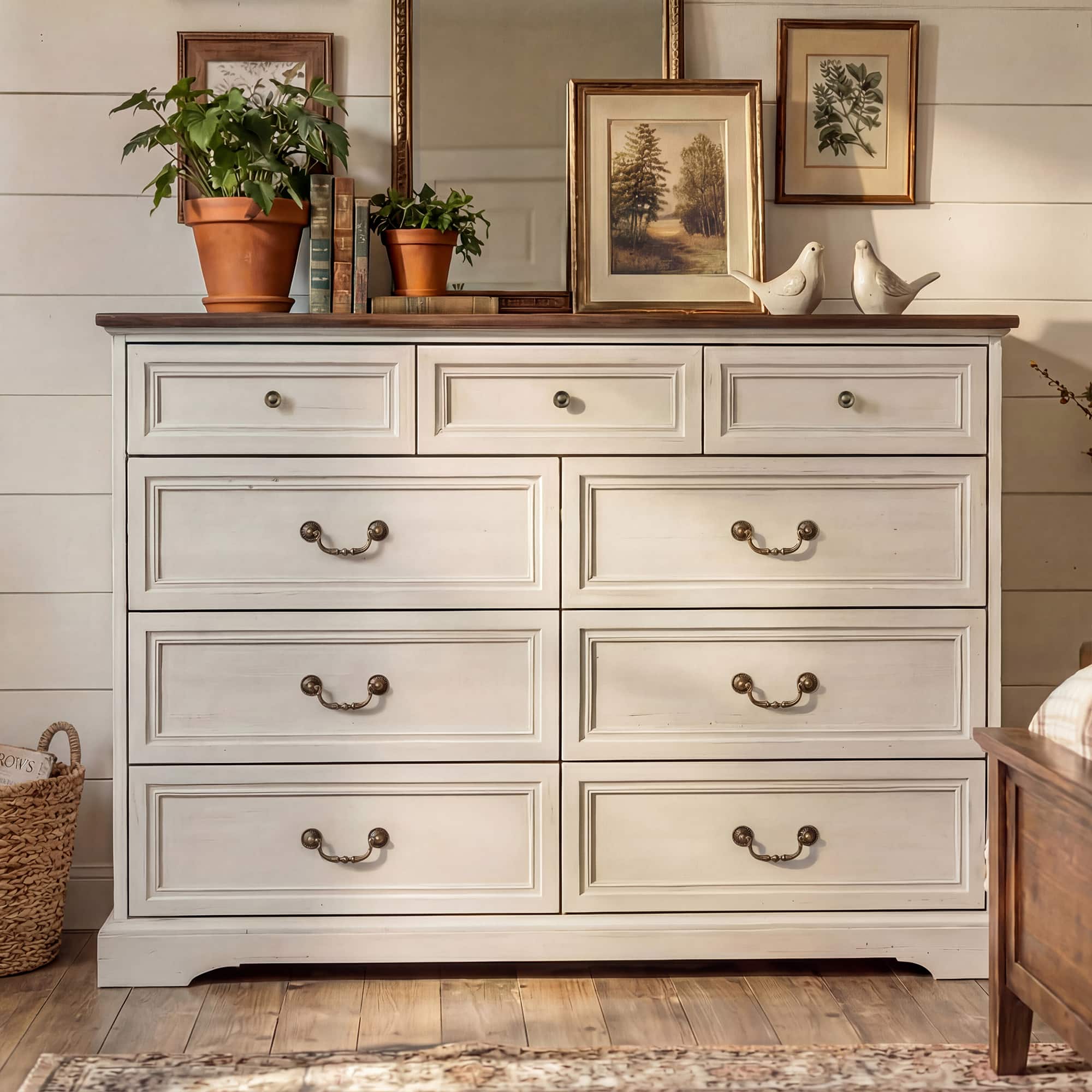 FUFU & GAGA - Classic 9-Drawer Dresser Chest-Large Bedroom Storage Tower with 3 Small & 6 Large Drawers Clothes Organizer for Bedroom - Distressed white