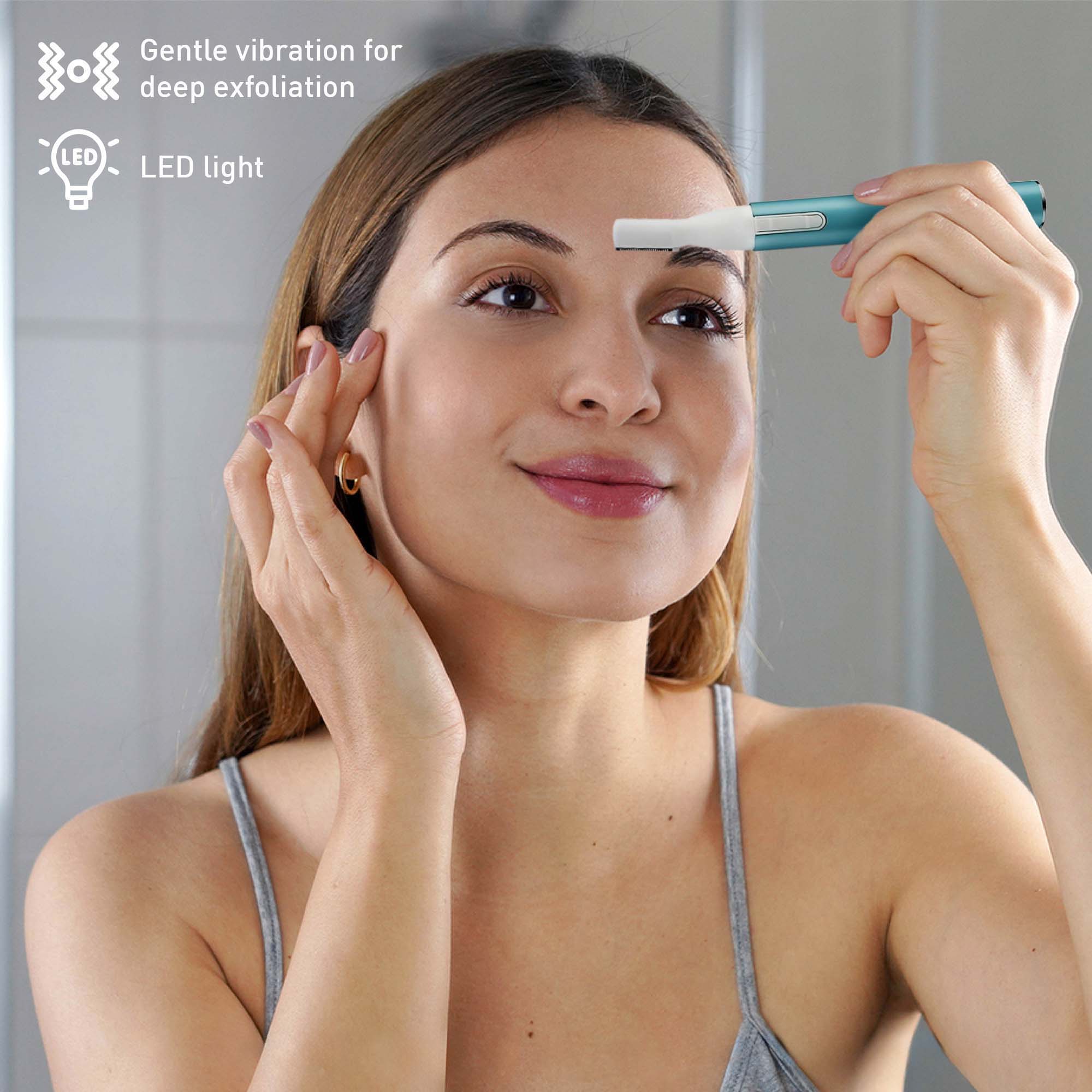 Gentle vibration for deep exfoliation, LED light