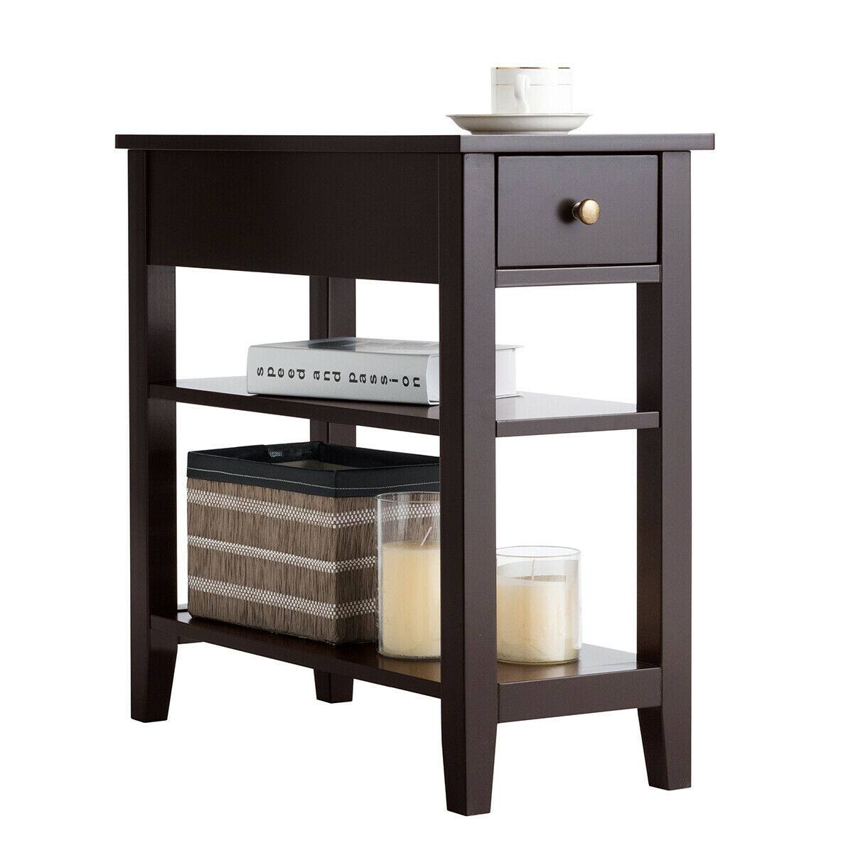 Back. SlickBlue - 3-Tier End Table with Drawer Slideway and Double Storage Shelves for Living Room - Brown.