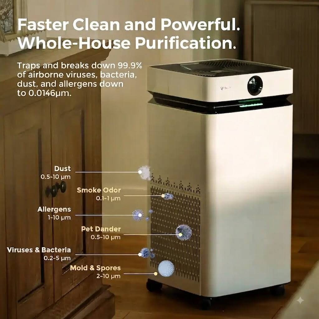 Faster Clean and Powerful. Whole-House Purification.

Traps and breaks down 99.9% of airborne viruses, bacteria, dust, and allergens down to 0.0146um.

- Dust: 0.5-10 µm
- Smoke Odor: 0.1-1 µm
- Allergens: 1-10 µm
- Pet Dander: 0.5-10 µm
- Viruses & Bacteria: 0.2-5 µm
- Mold & Spores: 2-10 µm