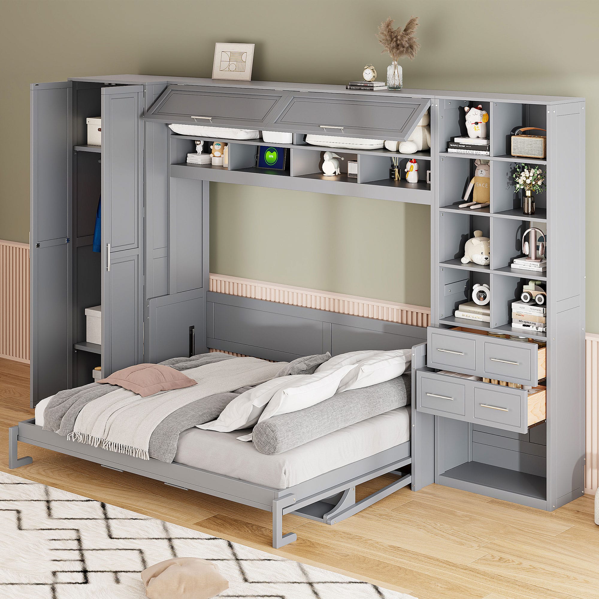 Anysun - Queen Size Murphy Bed Wall Bed with Closet , Drawers and Shelves - Gray