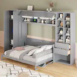 Anysun - Queen Size Murphy Bed Wall Bed with Closet , Drawers and Shelves - Gray
