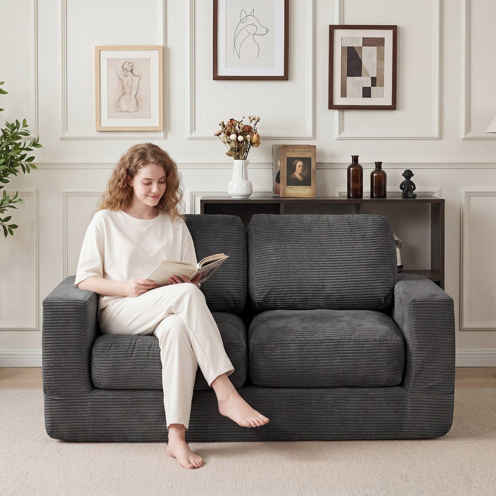 Alt View 4. Costway - Costway Floor Couch, Loveseat Foam Sofa with Removable Corduroy Cover, Back & Seat Cushions - Black.
