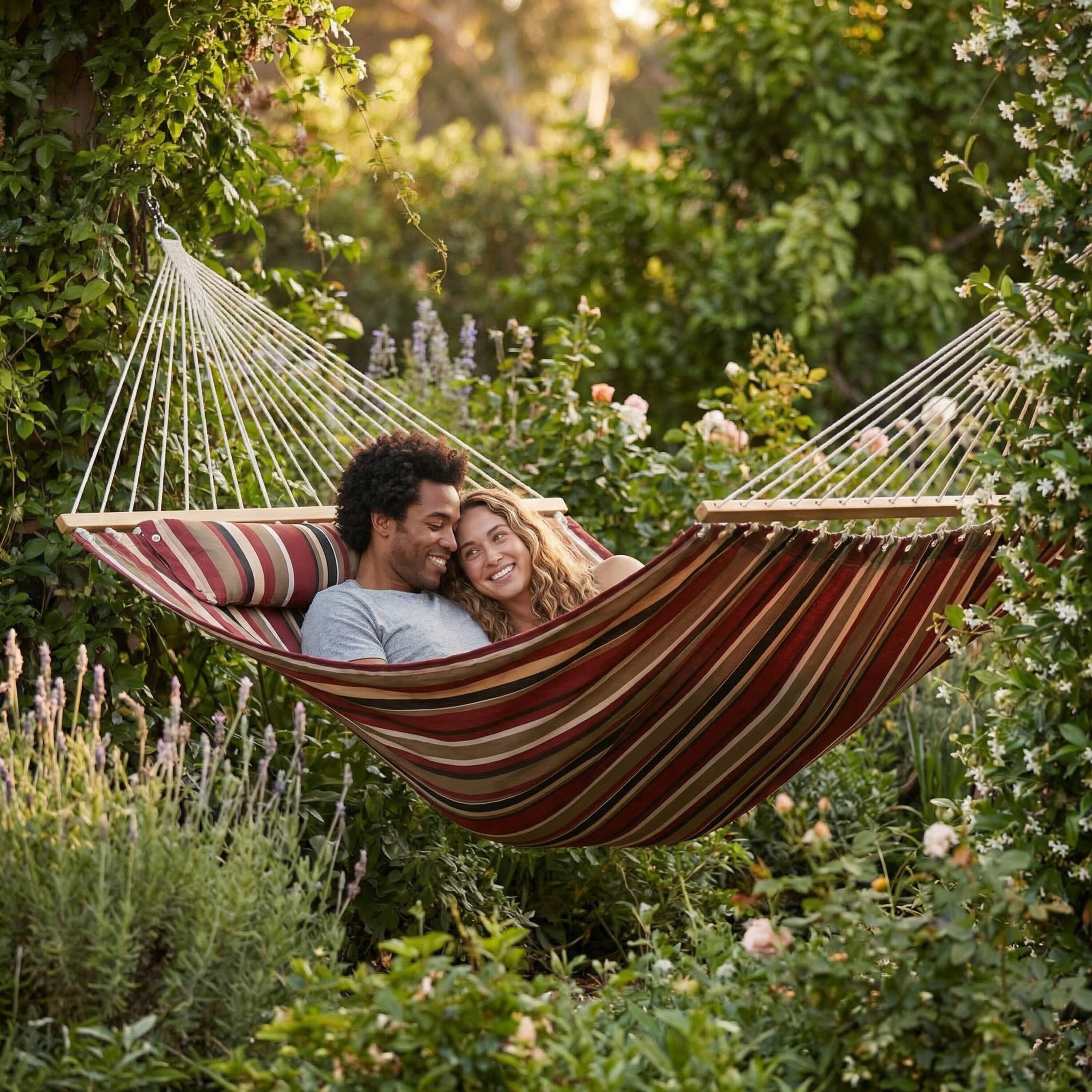 Alt View 9. Sunnydaze - Large Quilted Fabric Hammock with Spreader Bar and Pillow - Awning Stripe.