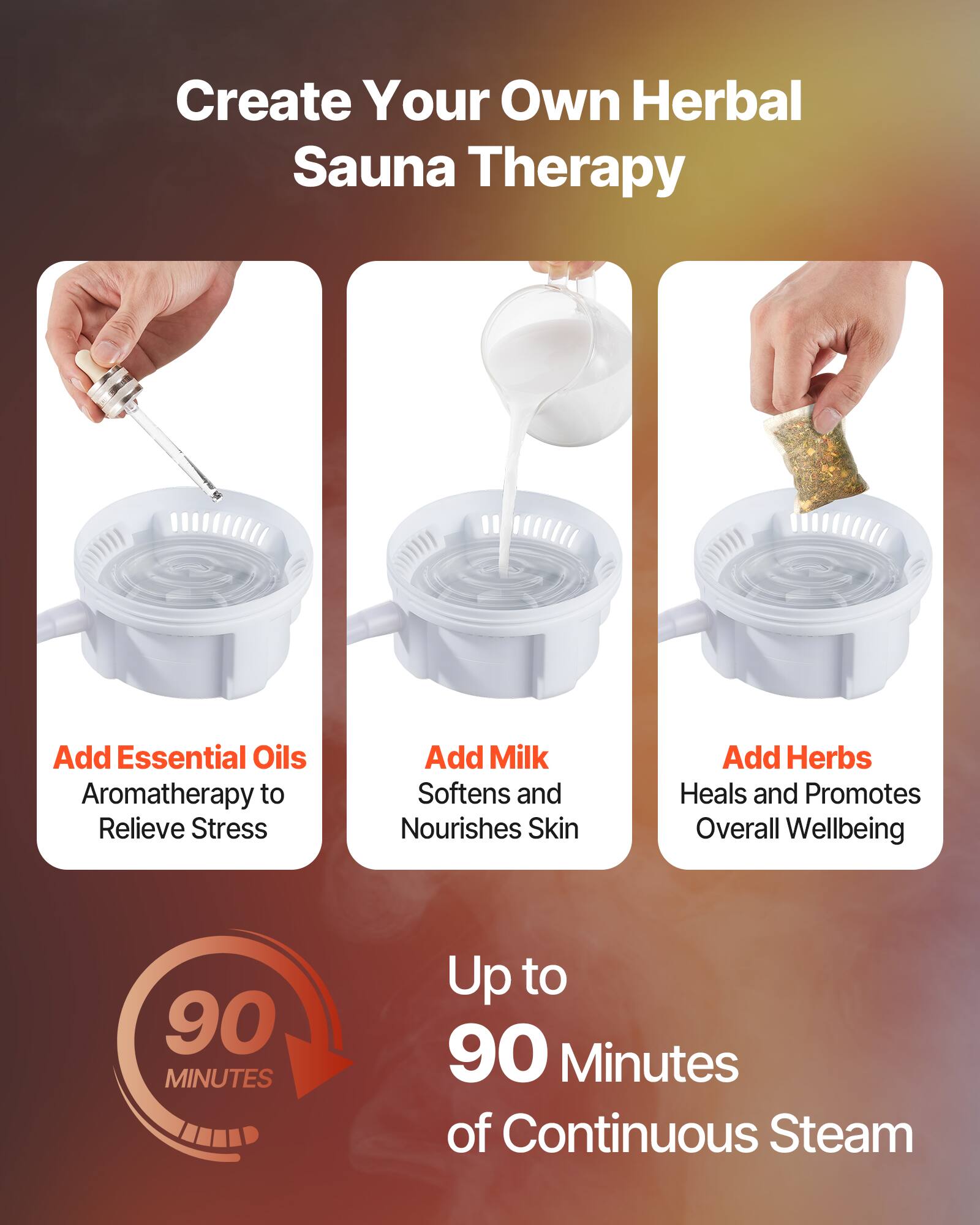 Create Your Own Herbal Sauna Therapy

- Add Essential Oils  
  Aromatherapy to Relieve Stress

- Add Milk  
  Softens and Nourishes Skin

- Add Herbs  
  Heals and Promotes Overall Wellbeing

Up to 90 Minutes of Continuous Steam