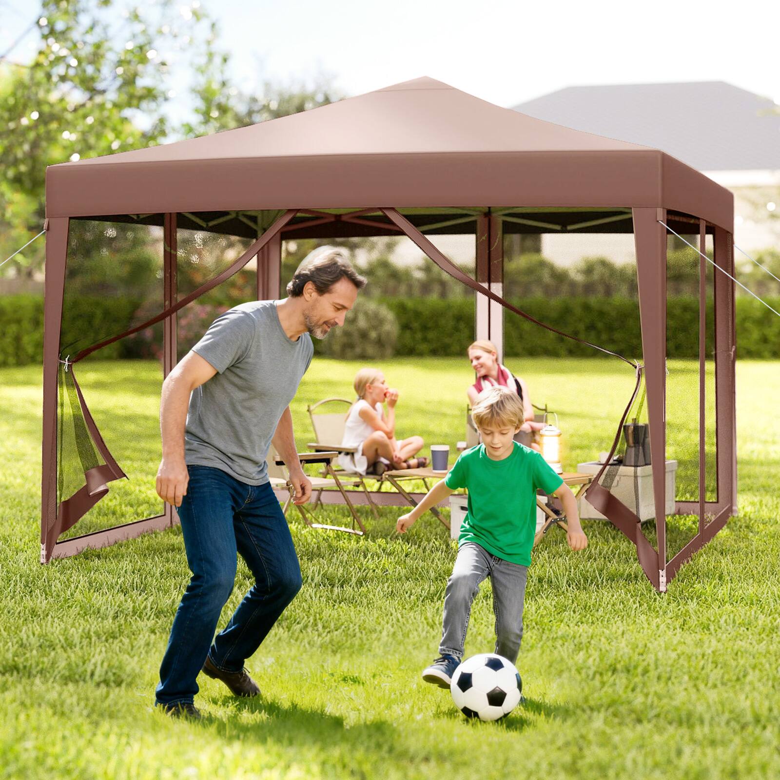 Alt View 1. Gymax - Gymax 10 FT x 10 FT Pop-Up Canopy Tent w/ Mesh Netting Carry Bag 8 Stakes & 4 Ropes Outdoor Rustic Brown - Coffee.