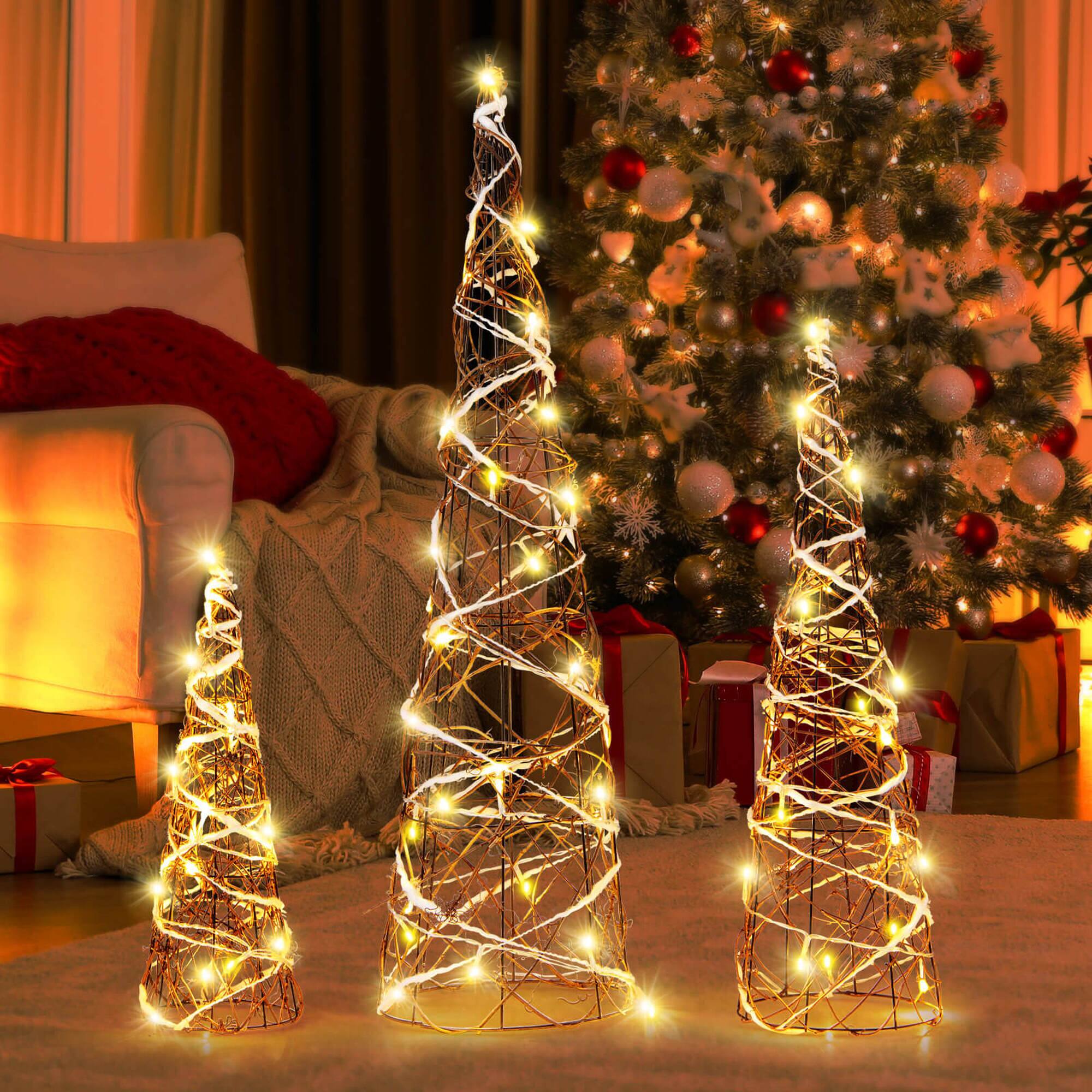 Alt View 3. Costway - Costway 32" 24" 16" Set of 3 Lighted Rattan Cone Trees with LED Lights and Metal Frame - Brown.