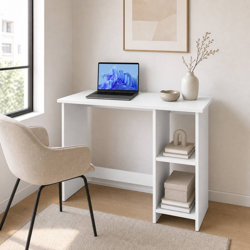 Angle. WELLFOR - 31.5 in Computer Desk with Storage Shelves &  Adjustable Shelf, Wood Home Office Desk for Small Spaces - White.