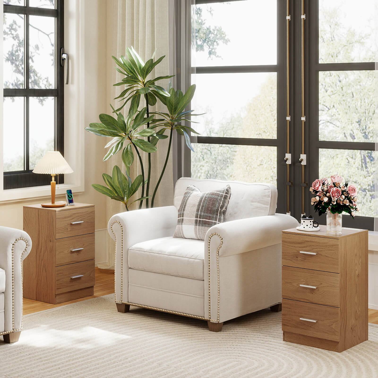 Alt View 5. Costway - Costway 2 PCS Nightstand with Charging Station, 3 Storage Drawers, Bedside Table for Bedroom - Natural.