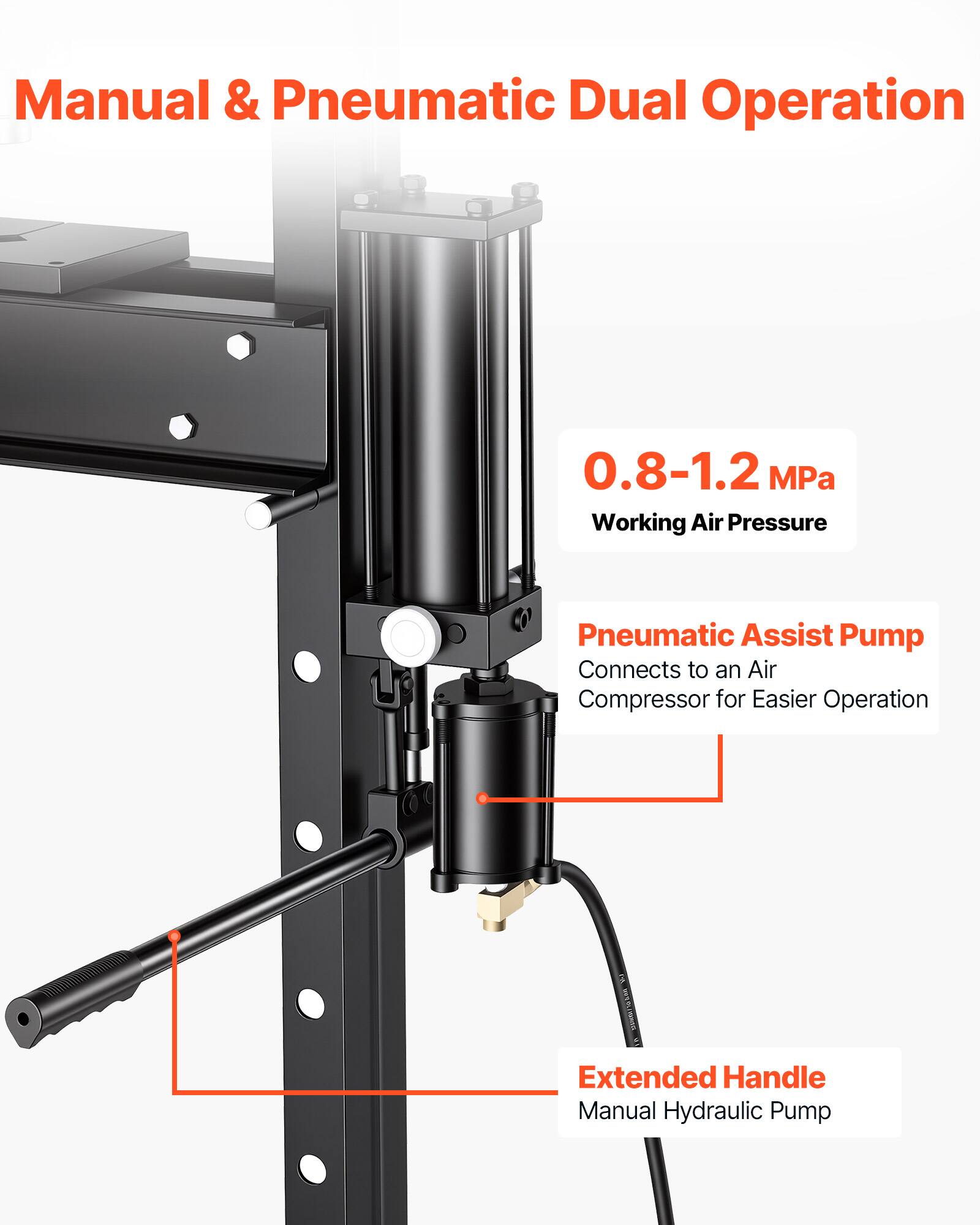 Manual & Pneumatic Dual Operation

0.8-1.2 MPa Working Air Pressure

Pneumatic Assist Pump Connects to an Air Compressor for Easier Operation

Extended Handle Manual Hydraulic Pump