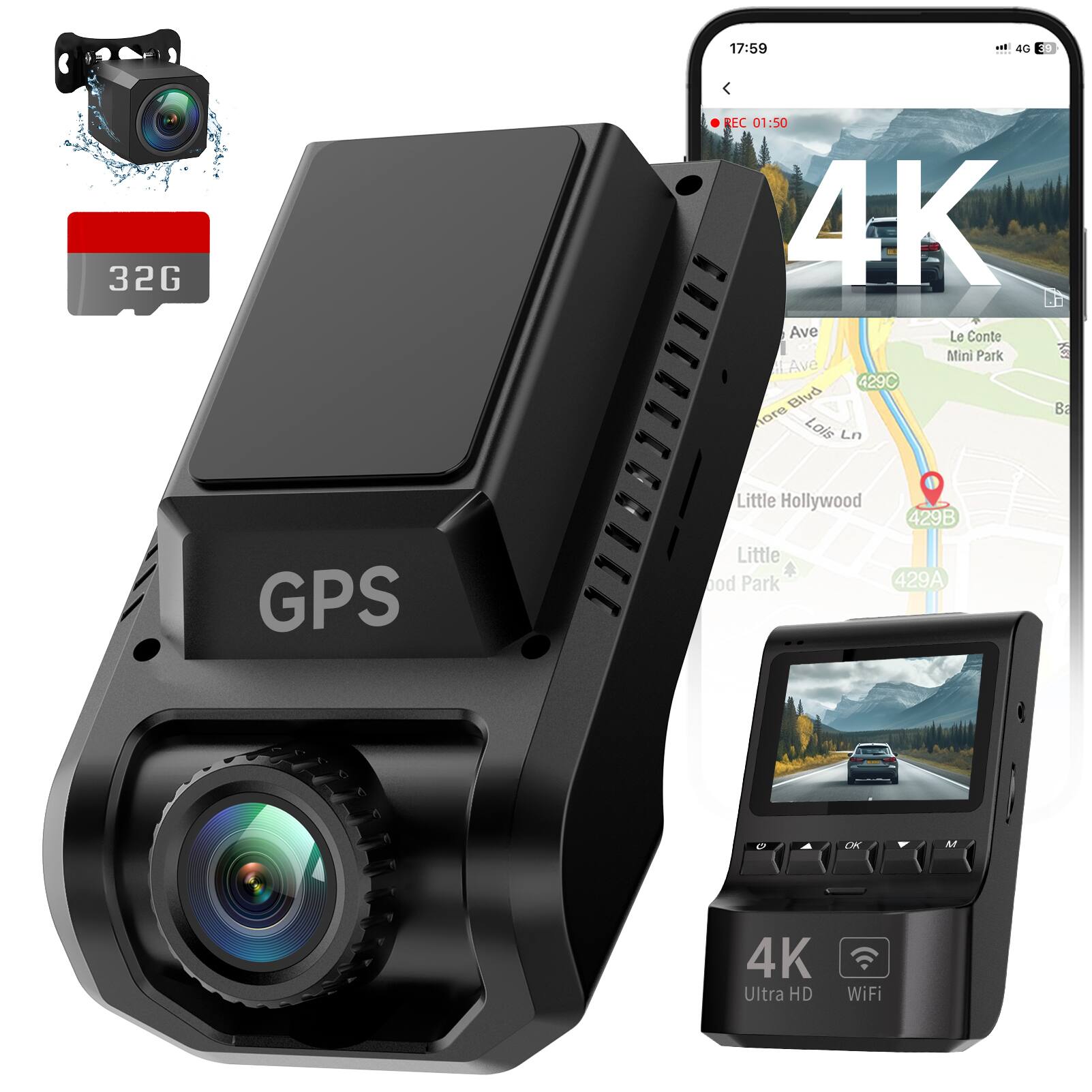 17:59  
4G  
32G  
REC 01:50 4K  
Ave Le Conte Mini Park LAVE 429C Blvd Ba ore Lois Ln  
GPS  
Little Hollywood 429B Little od Park 429A  
OK  
M  
4K Ultra HD  
WiFi