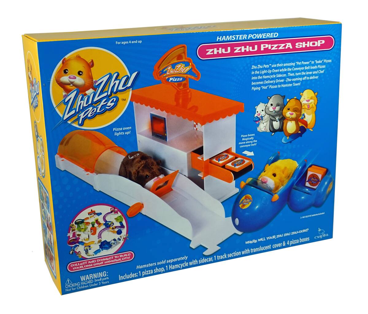 **Zhu Zhu Pets Pizza Shop**

**Hamster Powered**

**For ages 4 and up**

**Zhu Zhu Pizza Shop**

Zhu Zhu Pets use their amazing "Pet Power" to load pizzas in the Light-Up Oven while the Conveyor Belt loads Pizzas into the Hamcycle Sidecar. Then, turn the lever and Chef becomes Delivery Driver - zooming off to deliver Piping "Hot" Pizzas to Hamster Town!

Pizza oven lights up!

Pizza boats move magically on the conveyor belt!

**Collect and Connect to Build Your Own Hamster Town!**

Hamsters sold separately

**Includes:**
- 1 pizza shop
- 1 Hamcycle
- 1 track section with sidecar
- 1 track section with translucent cover & 4 pizza boxes

**Warning:**
Choking Hazard - Small parts. Not for children under 3 years.

**Where will your Zhu Zhu zoom?**