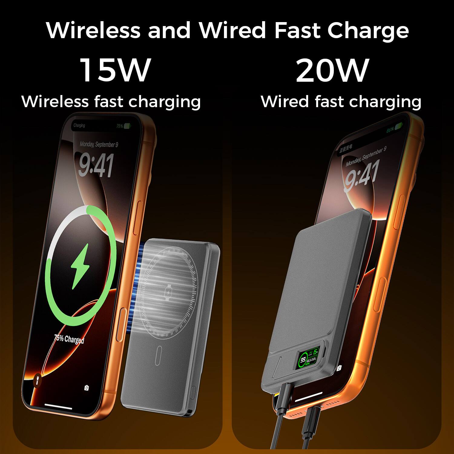 Wireless and Wired Fast Charge

15W
Wireless fast charging

20W
Wired fast charging

Monday, September 9
9:41

75% Charged