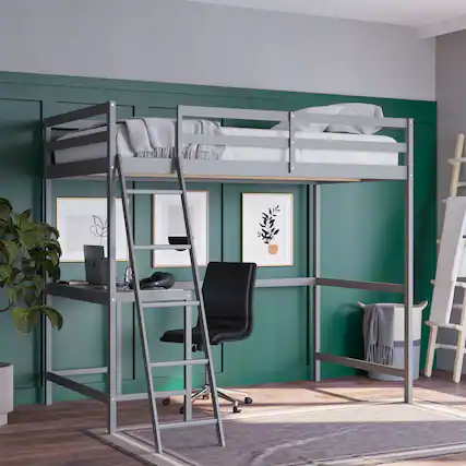 Front. Emma + Oliver - Wooden Loft Bed Frame with Integrated Desk and Ladder - Light Gray.