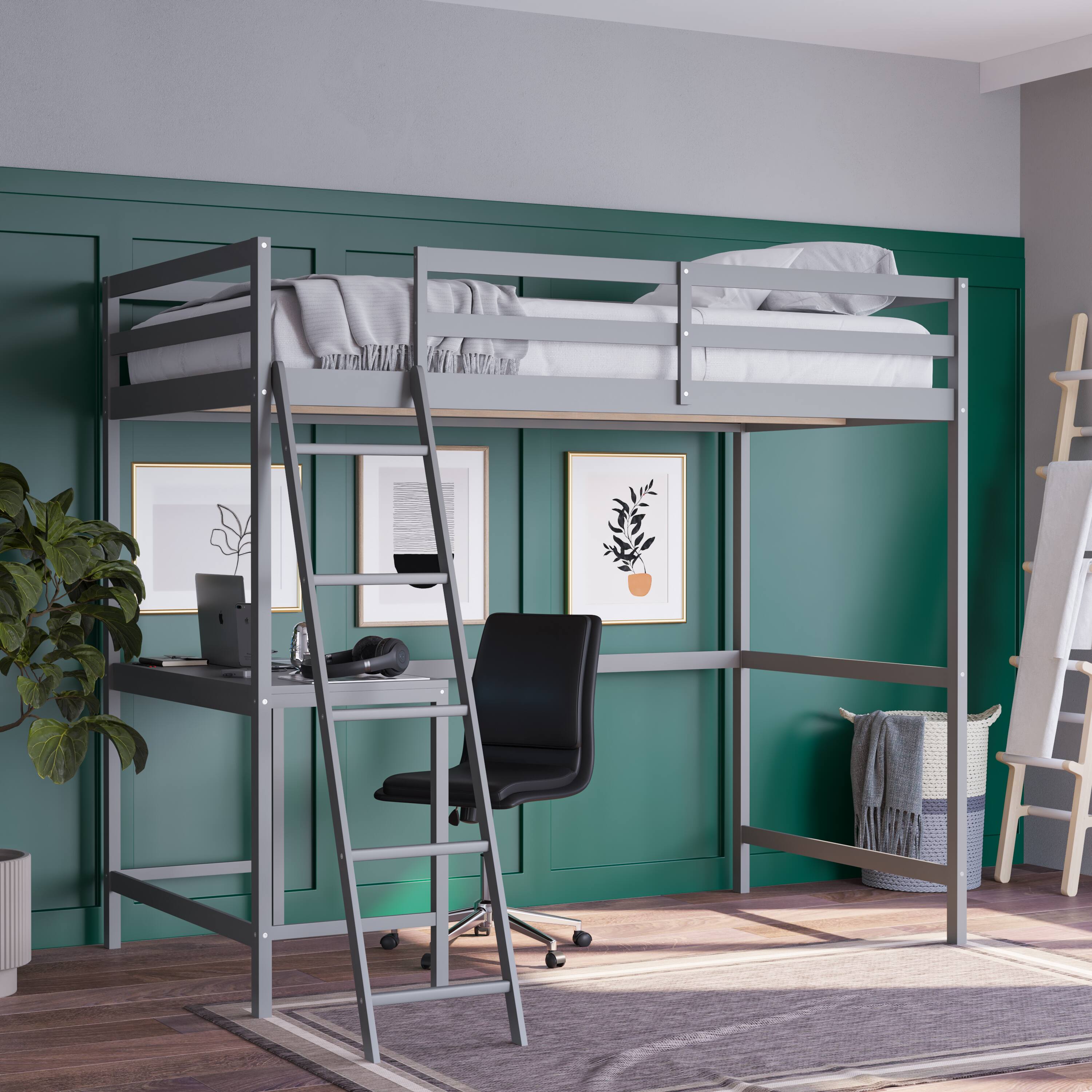 Emma + Oliver - Wooden Loft Bed Frame with Integrated Desk and Ladder - Light Gray