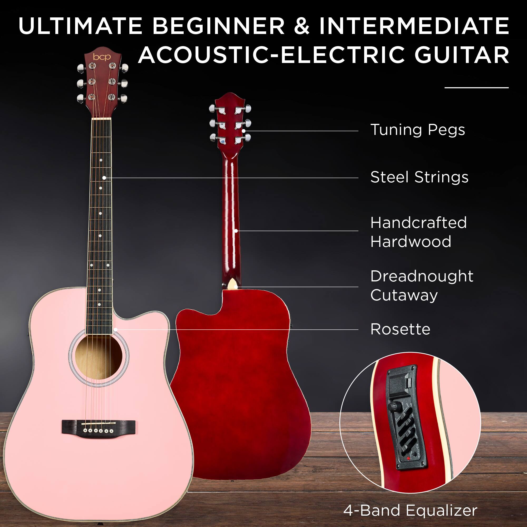 ULTIMATE BEGINNER & INTERMEDIATE ACOUSTIC-ELECTRIC GUITAR

- Tuning Pegs
- Steel Strings
- Handcrafted Hardwood
- Dreadnought Cutaway
- Rosette
- 4-Band Equalizer