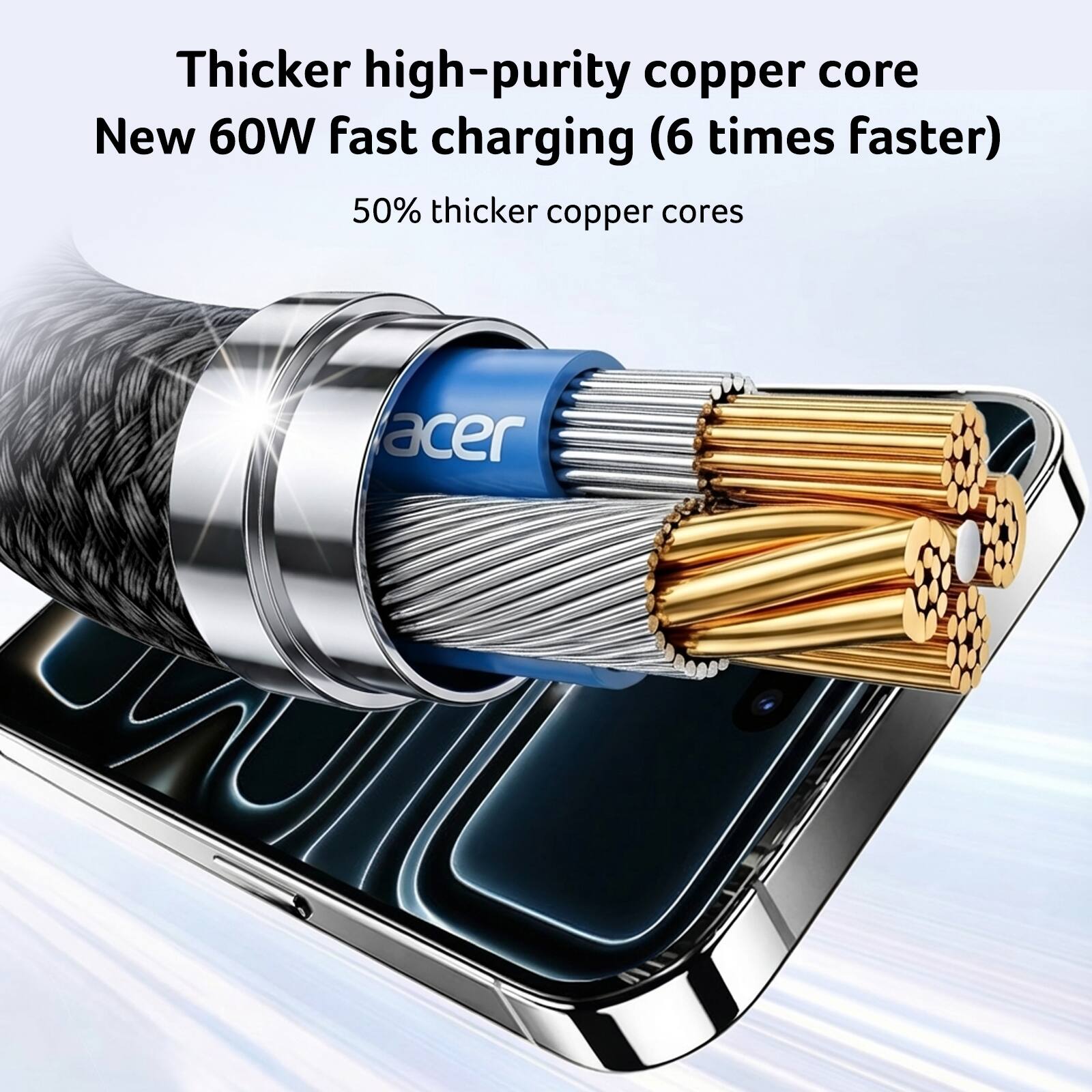 Thicker high-purity copper core  
New 60W fast charging (6 times faster)  
50% thicker copper cores