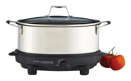 West Bend 4 quart slow cooker with insulated carrier. Missing plastic lid  and temp knob. Has a glass dish which acts as a lid. Worked when tested. -  Northern Kentucky Auction, LLC
