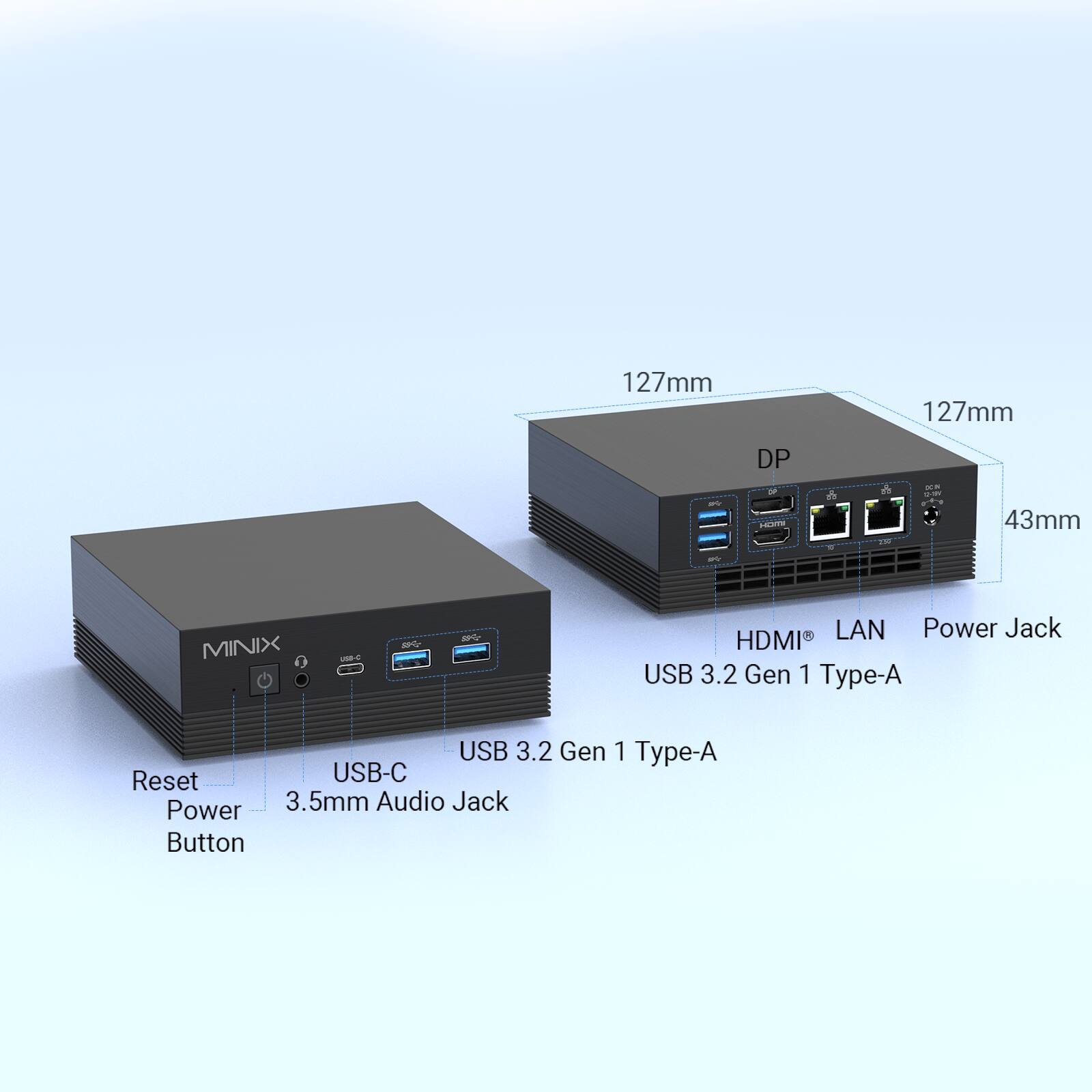 127mm 127mm DP -l - LES - - T50 - 43mm - MINIX J - W m LAN Power Jack HDMI USB 3.2 Gen 1 Type-A USB 3.2 Gen 1 Type-A Reset USB-C Power 3.5mm Audio Jack Button