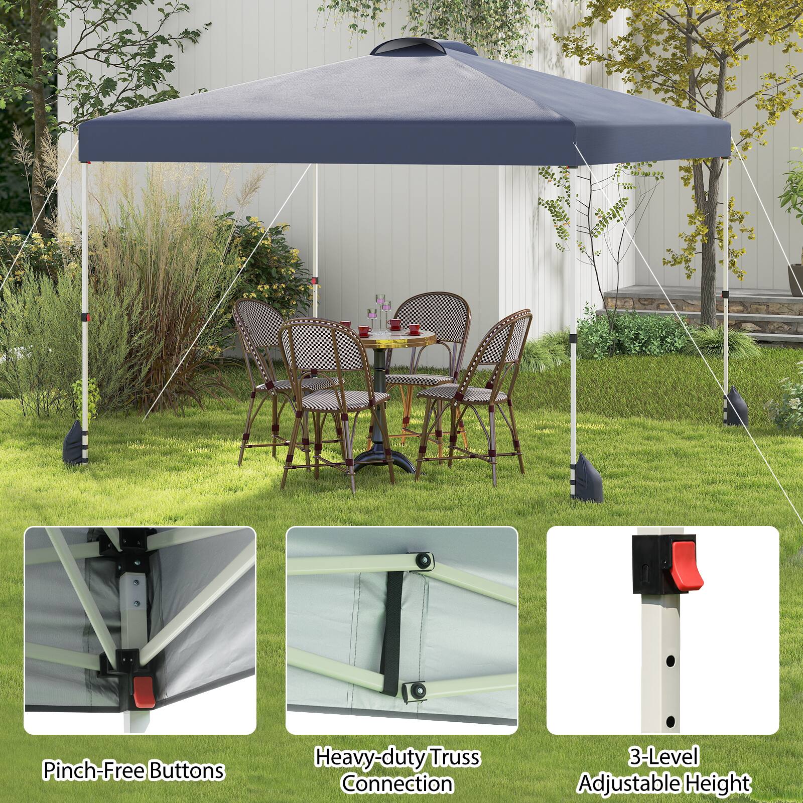 The text on the image can be grouped and corrected as follows:

1. **Pinch-Free Buttons**
2. **Heavy-duty Truss Connection**
3. **3-Level Adjustable Height**

These features are highlighted in the image, showcasing the design and functionality of the canopy.
