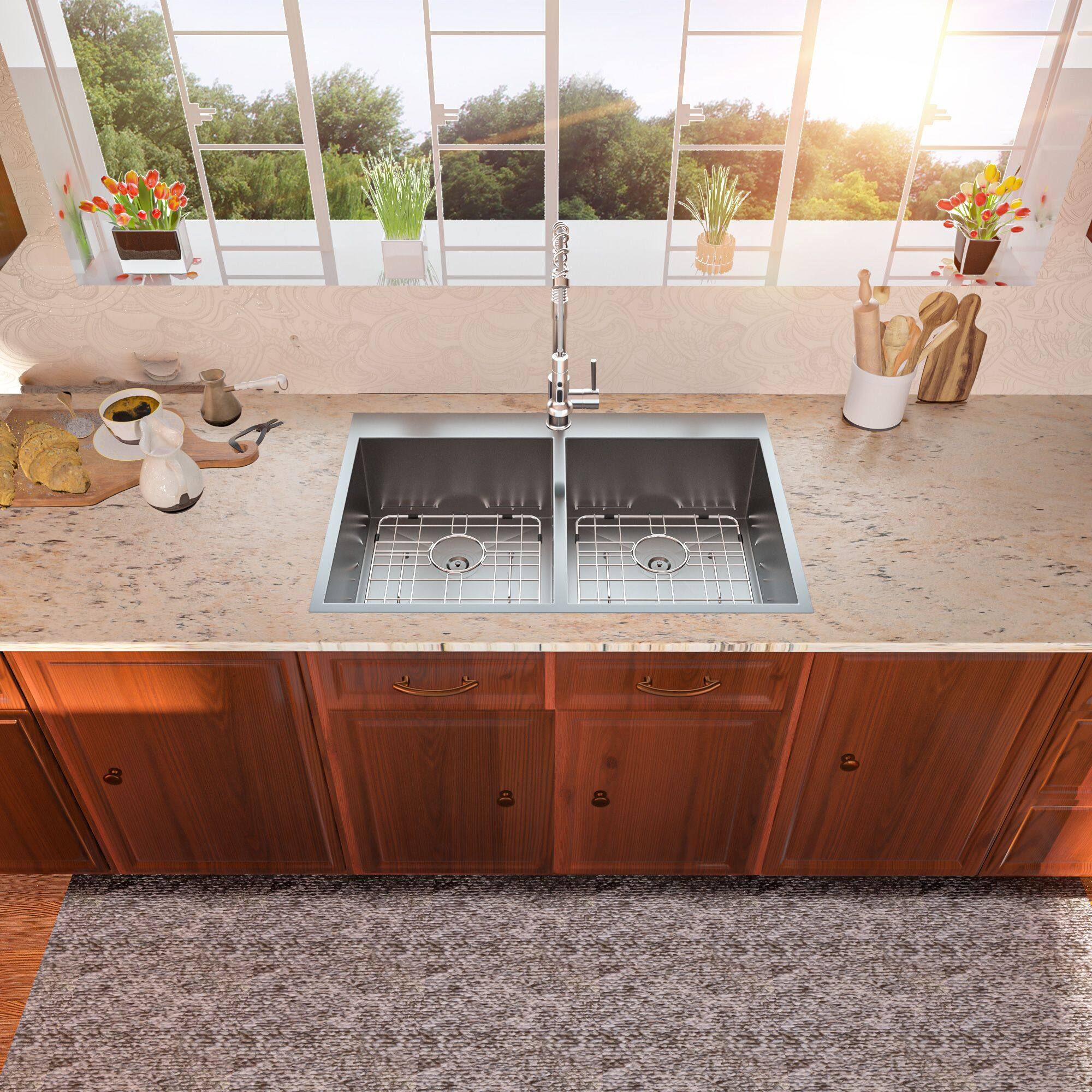 Left. Lordear - 33"x22"x9" Gunmetal Black Double Bowl Drop in Kitchen Sink 16 Gauge with Two 10" Deep Basin - Stainless steel.