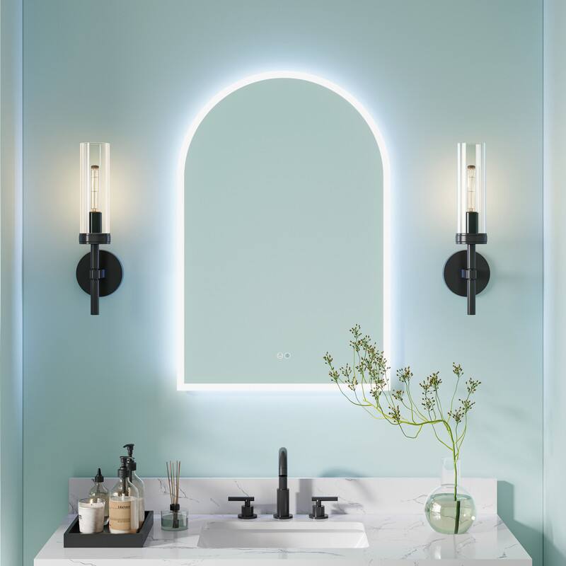 Front. WELLFOR - 24"x36" Frameless Arched Bathroom Mirror with LED Lights & Anti-Fog, Wall-Mounted Bathroom Vanity Mirrors with Dimmable - Chrome.