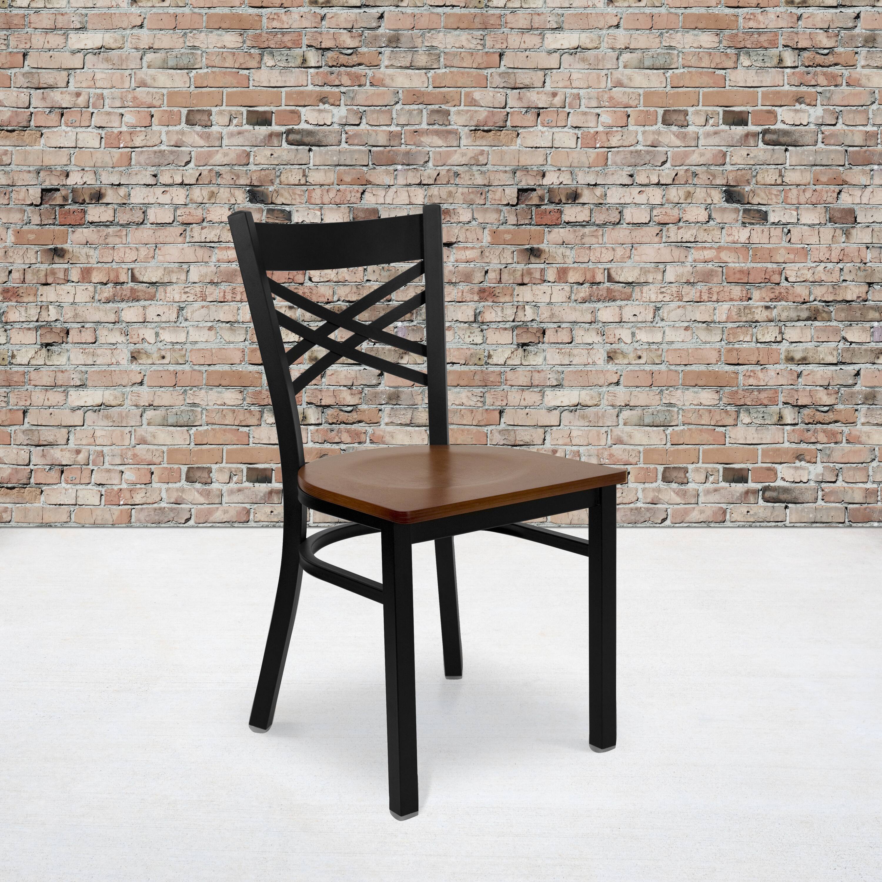 Alt View 1. Emma + Oliver - "X" Back Metal Restaurant Dining Chair - Cherry Wood Seat/Black Metal Frame.