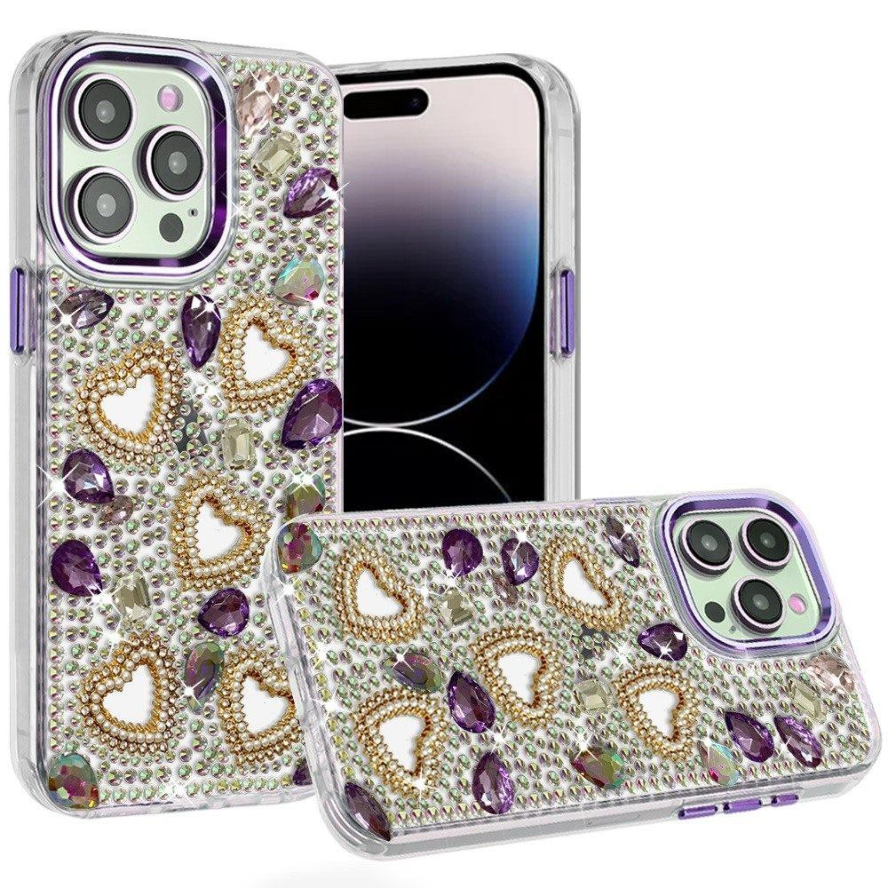 Kitcheniva - Full Bling Hearts And 3D Jewel Ornaments Case For iPhone 14 Pro Max - Purple