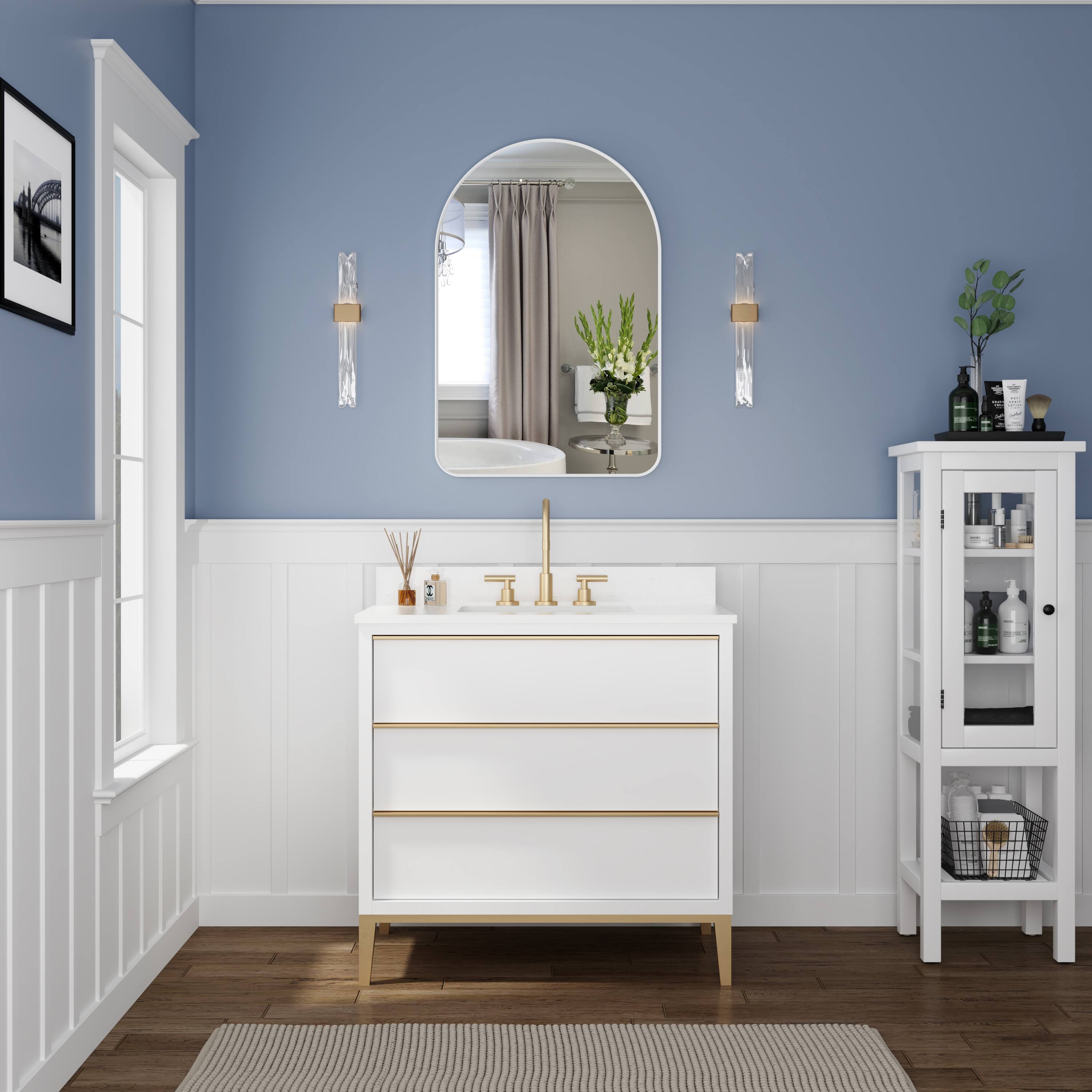 Back. WELLFOR - 24 in. W x 36 in H Arch Anodized Aluminum Framed Wall Bathroom Vanity Mirror - White.