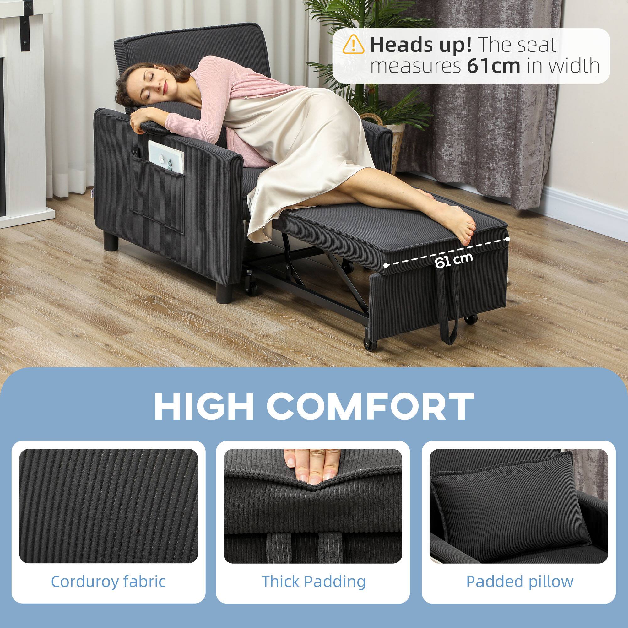 HIGH COMFORT, Heads up! The seat measures 61cm in width, Corduroy fabric, Thick Padding, Padded pillow