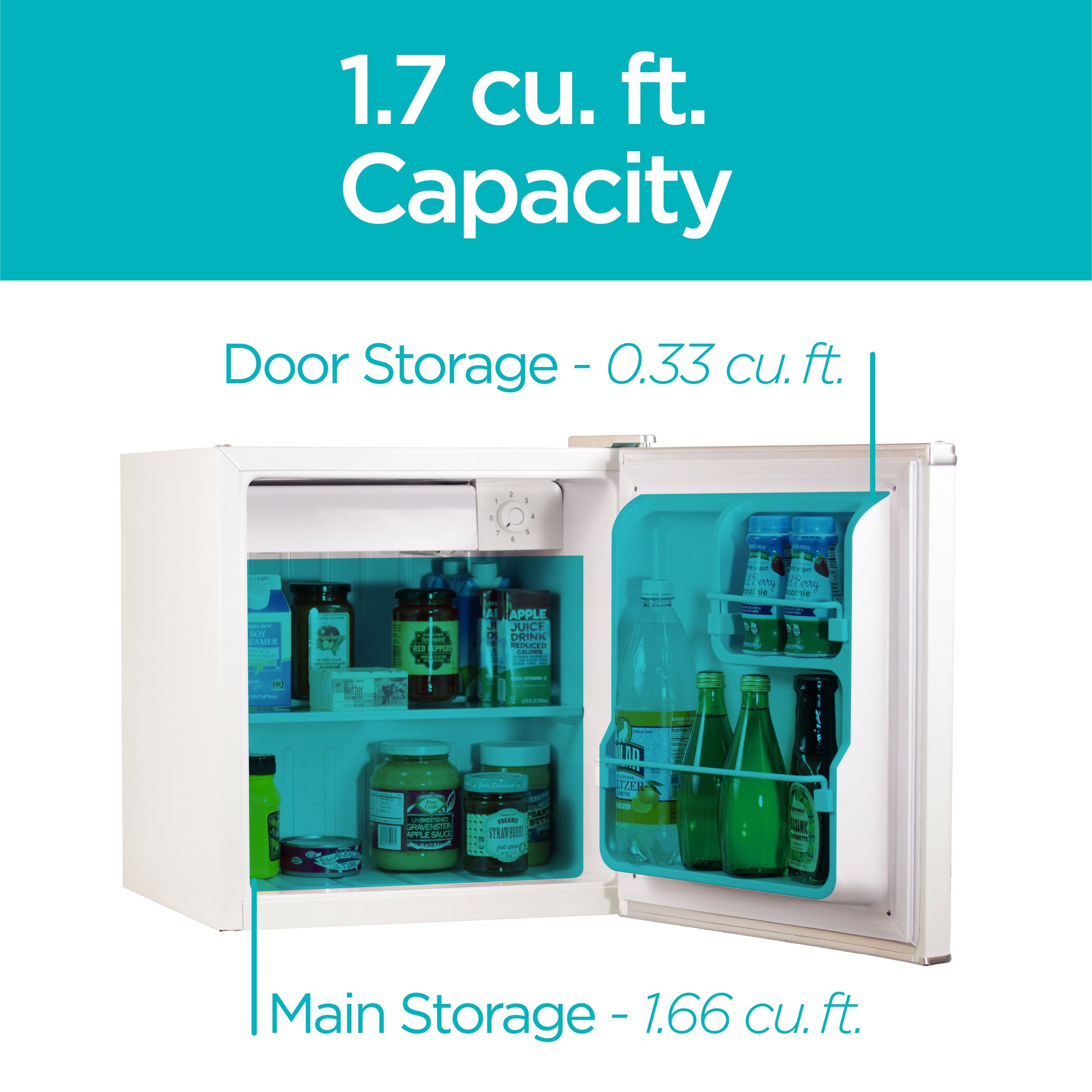 1.7 cu. ft. Capacity
Door Storage - 0.33 cu. ft.
Main Storage - 1.66 cu. ft.