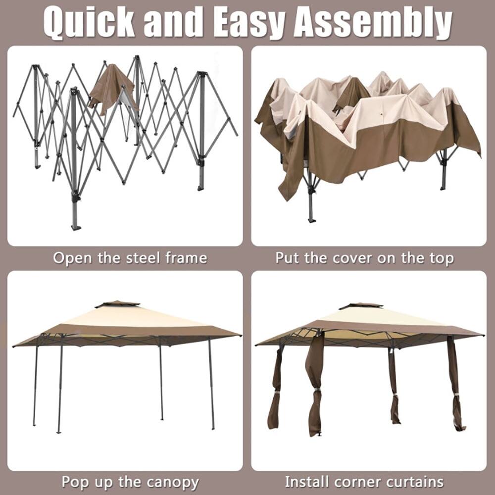 Quick and Easy Assembly

1. Open the steel frame
2. Put the cover on the top
3. Pop up the canopy
4. Install corner curtains