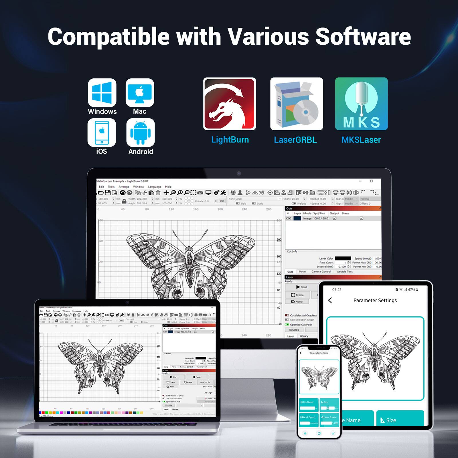 Compatible with Various Software Windows Mac iOS Android LightBurn MKS LaserGRBL MKSLaser u.co .comange-Cghdtumb50r tu I ao Amanga - agae  - - a - - - - - + -- . Ls P Code : - * - - . - - - 2 - 2 - -- - - - Ma - - - -- ! Pd 1 Laer - Seartur utpu I L mage 14 -  1 - - an I - to - AN -  - - E - Ta - N - - -- - - - ~ .. - I + - . - F -. - I - - . . - - - i - - 54  a 47%a Parameter Settings - 220 A -2 -I d - Grastura .. - - - V - -- - -  . nes - - - ChwT -  - - - - - Name 4 Size