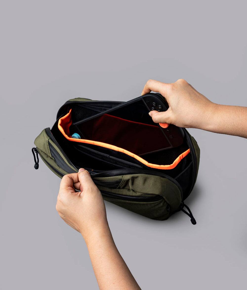 Alt View 6. ALPAKA - Gaming Sling Bag for Switch 2/Steam Deck/ROG Ally, Game Card Holder (20), 3.5L EDC Crossbody, Water-Resistant - Green Axoflux 400D Washed Nylon.