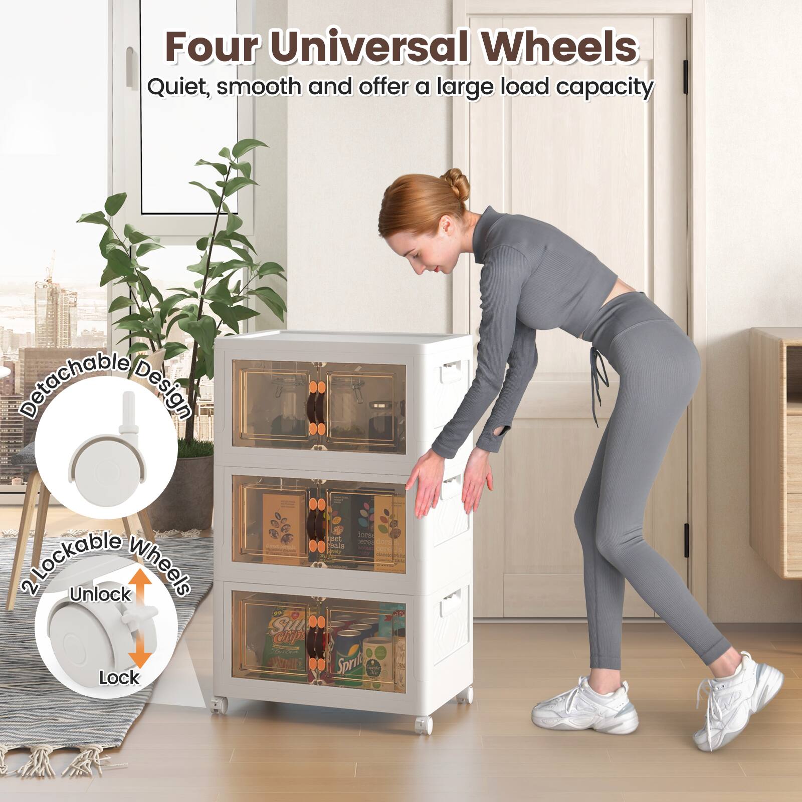 Four Universal Wheels  
Quiet, smooth and offer a large load capacity  

Detachable Design  
Lockable 2 Unlock Wheels Lock