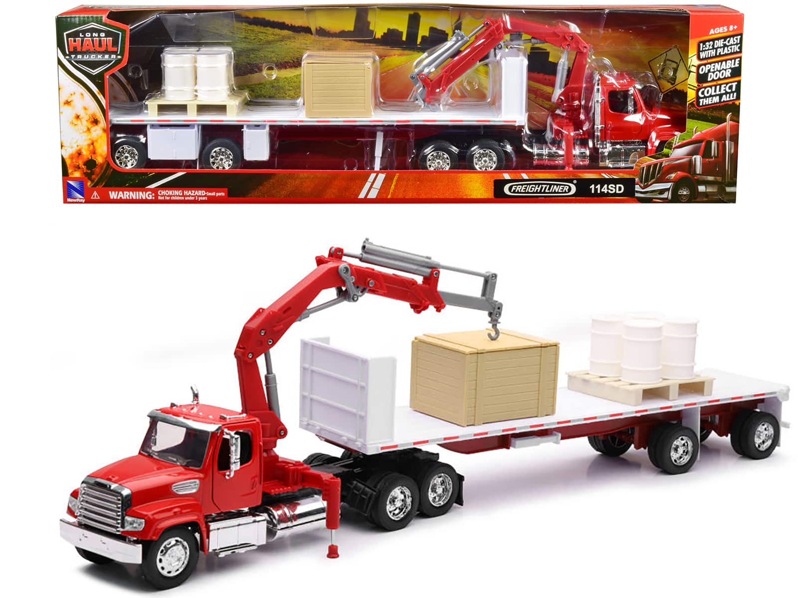 "Freightliner 114SD Flatbed Truck with Crane Red w/ Accessories ""Long Haul Trucker"" Series 1/32 Diecast Model by New Ray" price history on PriceWatchPro