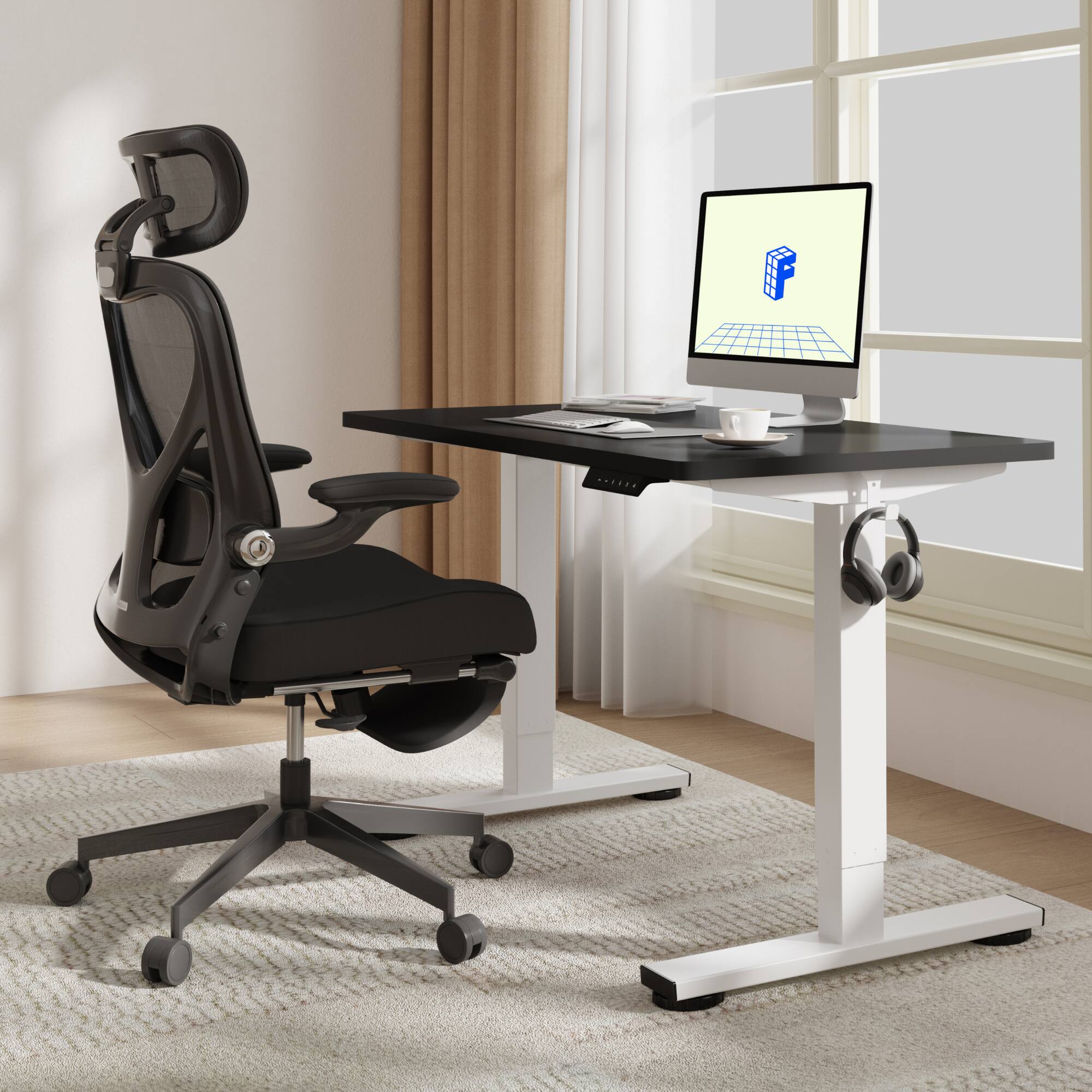 Alt View 3. FlexiSpot - FlexiSpot E2 42''W Electric Adjustable Standing Desk Chipboard, Black/White - Black.