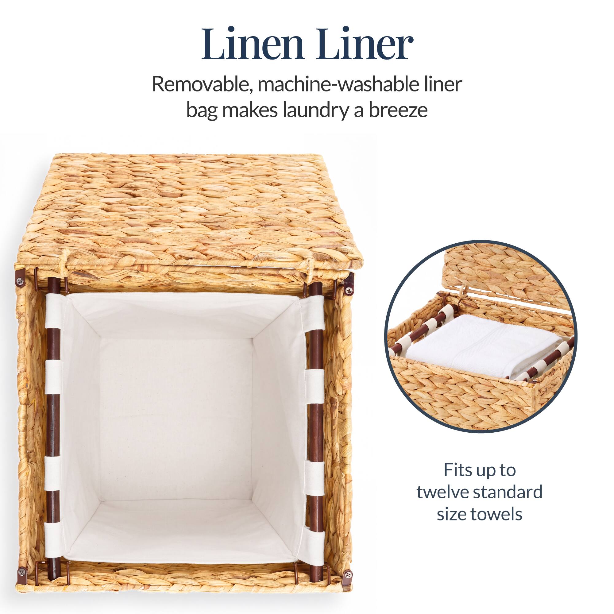 Linen Liner

Removable, machine-washable liner bag makes laundry a breeze

Fits up to twelve standard size towels