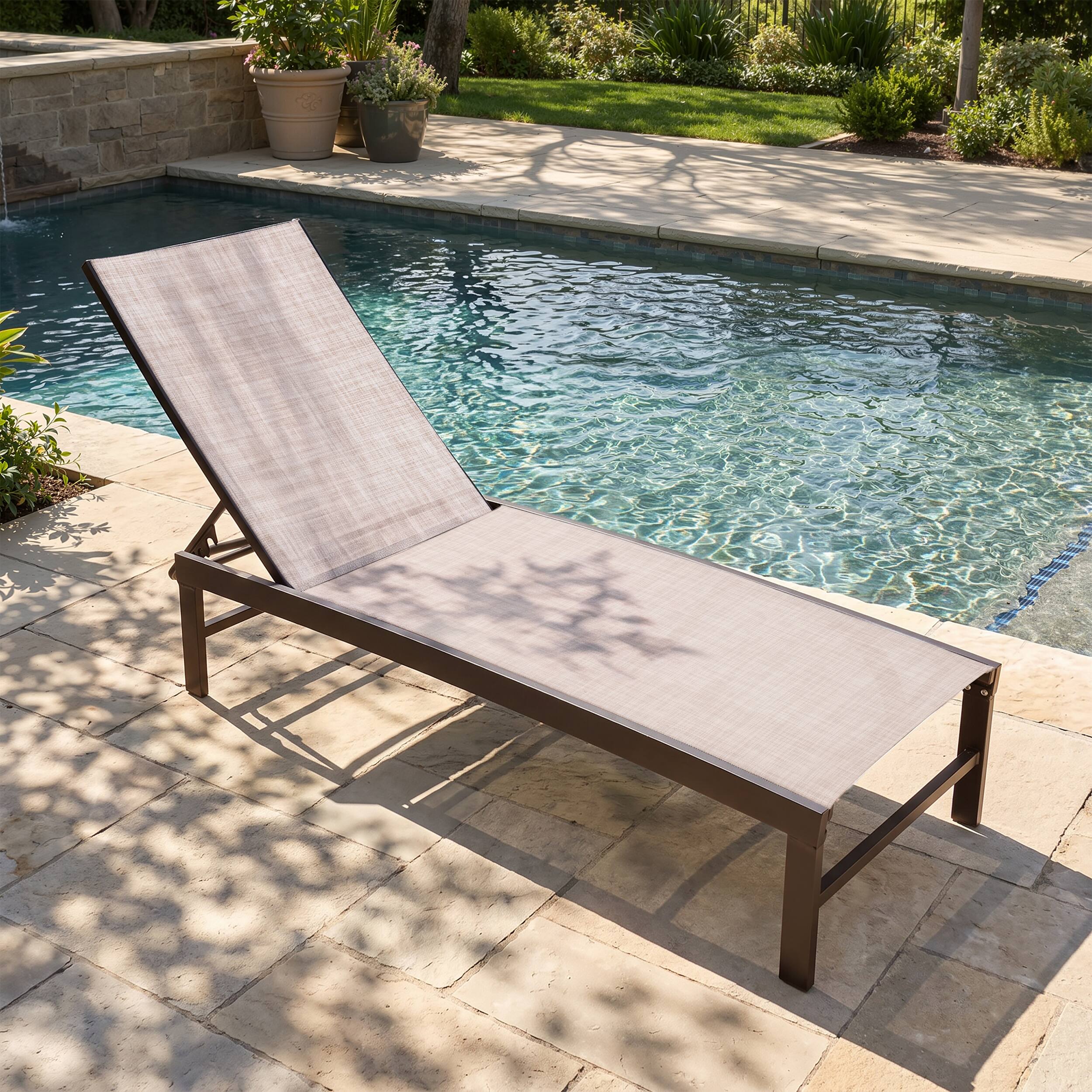 Front. Crestlive Products - Crestlive Products Brown Steel Frame Stationary Chaise Lounge Chair Beige Textilene Mesh Seat - Beige.