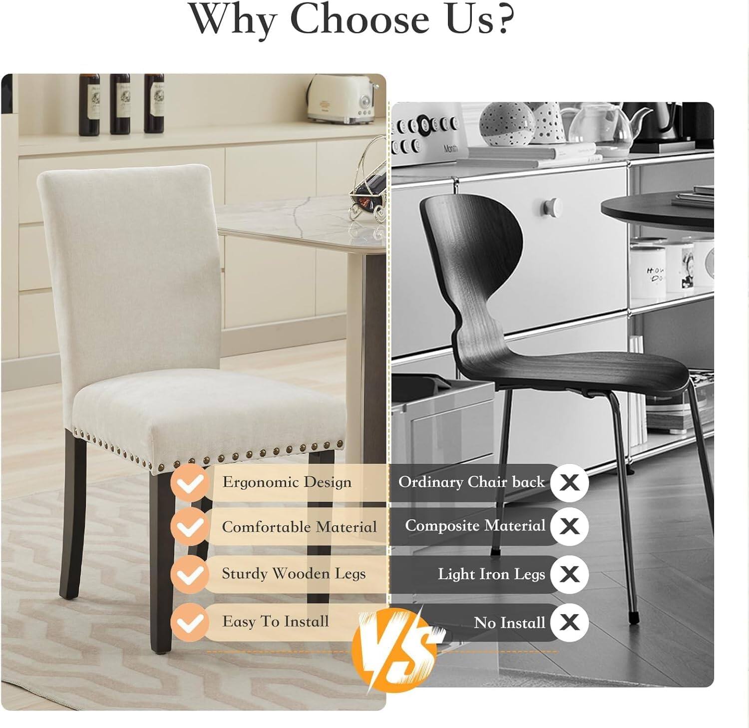 Why Choose Us?

- Ergonomic Design ✔️
- Comfortable Material ✔️
- Sturdy Wooden Legs ✔️
- Easy To Install ✔️

VS

- Ordinary Chair back ❌
- Composite Material ❌
- Light Iron Legs ❌
- No Install ❌