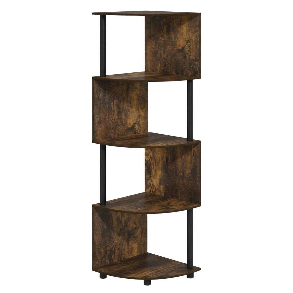 Back. FurniFact - 4-Tier Zigzag Corner Shelf Bookcase, Multi-Level Storage - Amber Pine/Black.