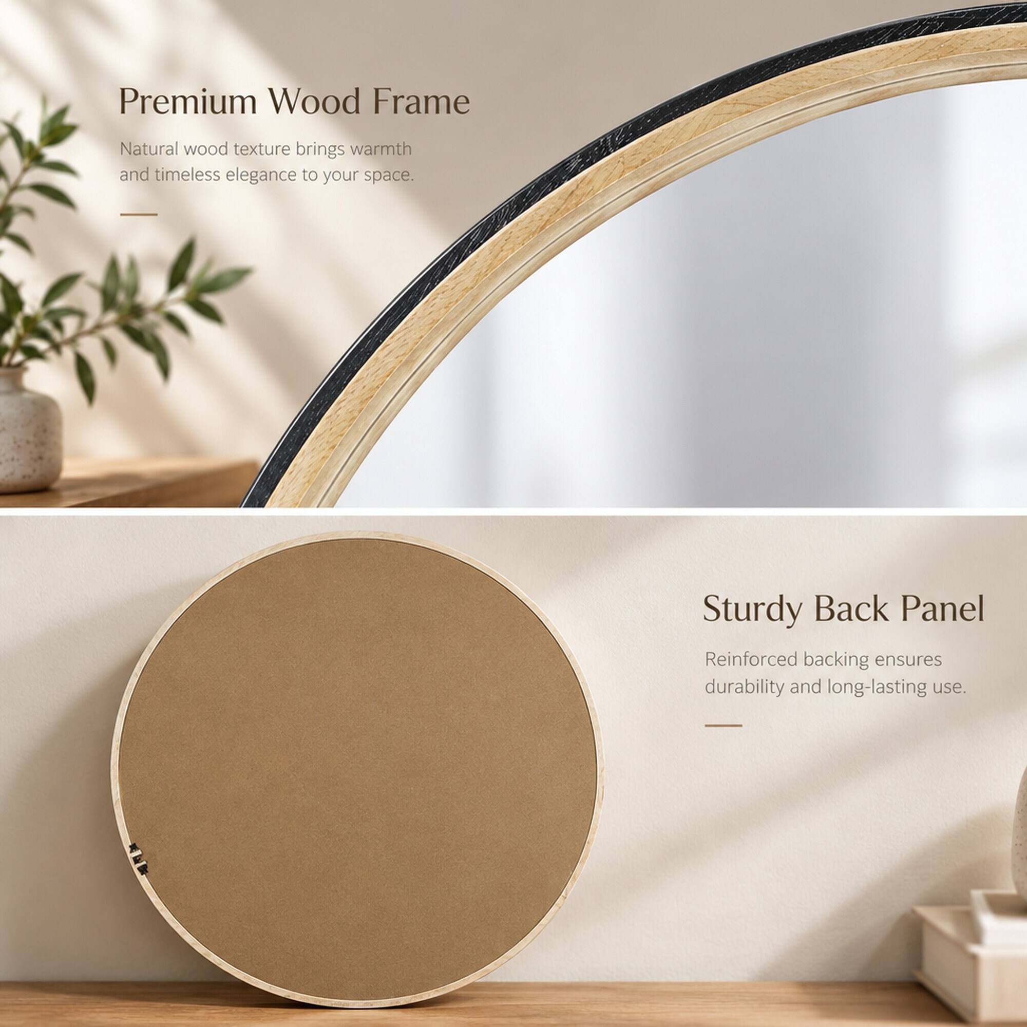 RYHNUYNE 31.3 in Round Wall Mirror, Two Tone Matte Black and Natural ...