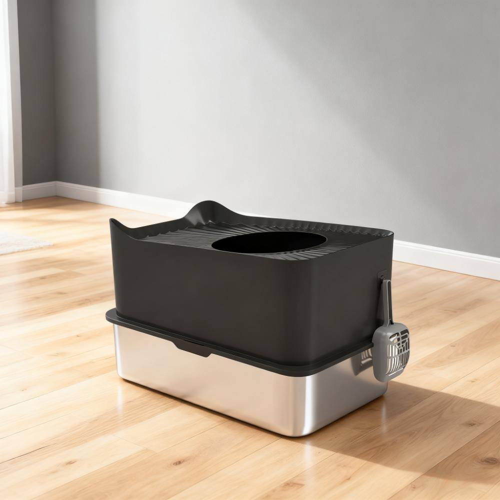 Alt View 2. APRILSOUL - Cat Litter Box with Scoop Top Entrance Non-slip Pads - Black.