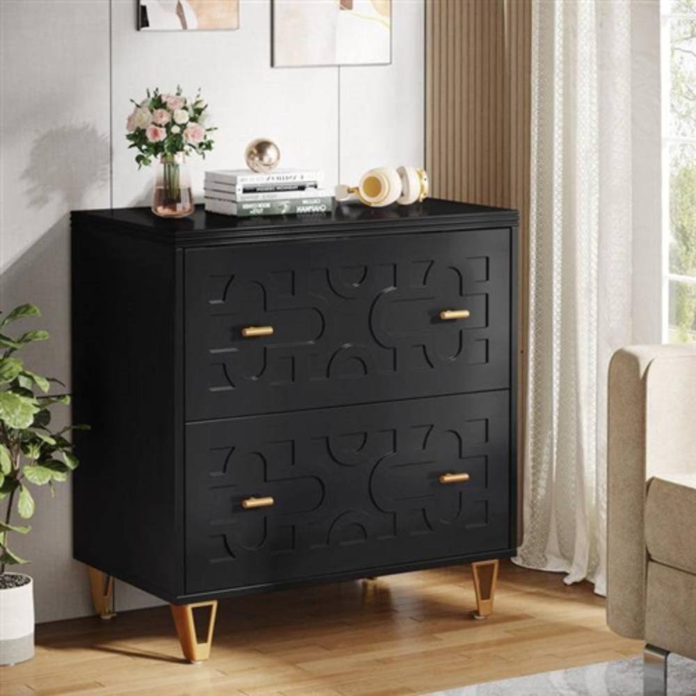 Angle. Hivvago - Retro Black/Gold Geometric Scroll 2 Drawer Filing Cabinet Printer Stand - Black, Gold.